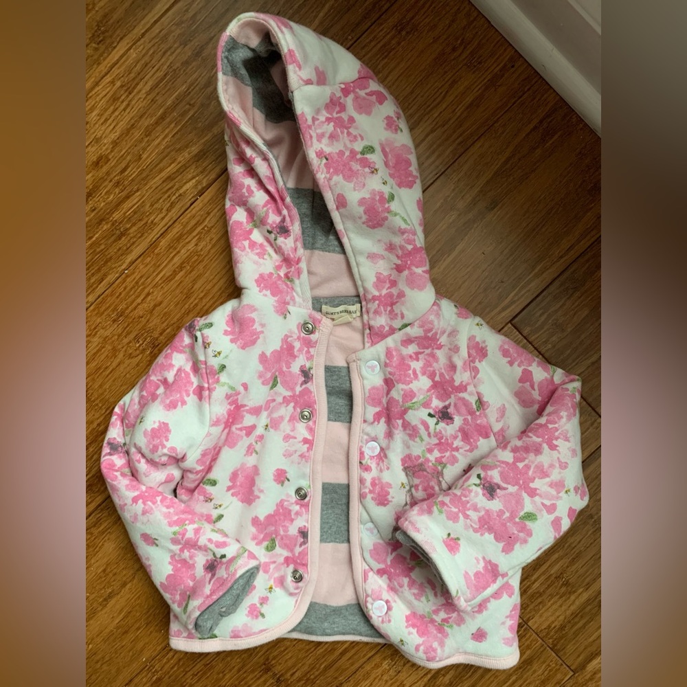 Burts Bees Reversible baby Girl coat/jacket, pink florals and pink/gray stripes
